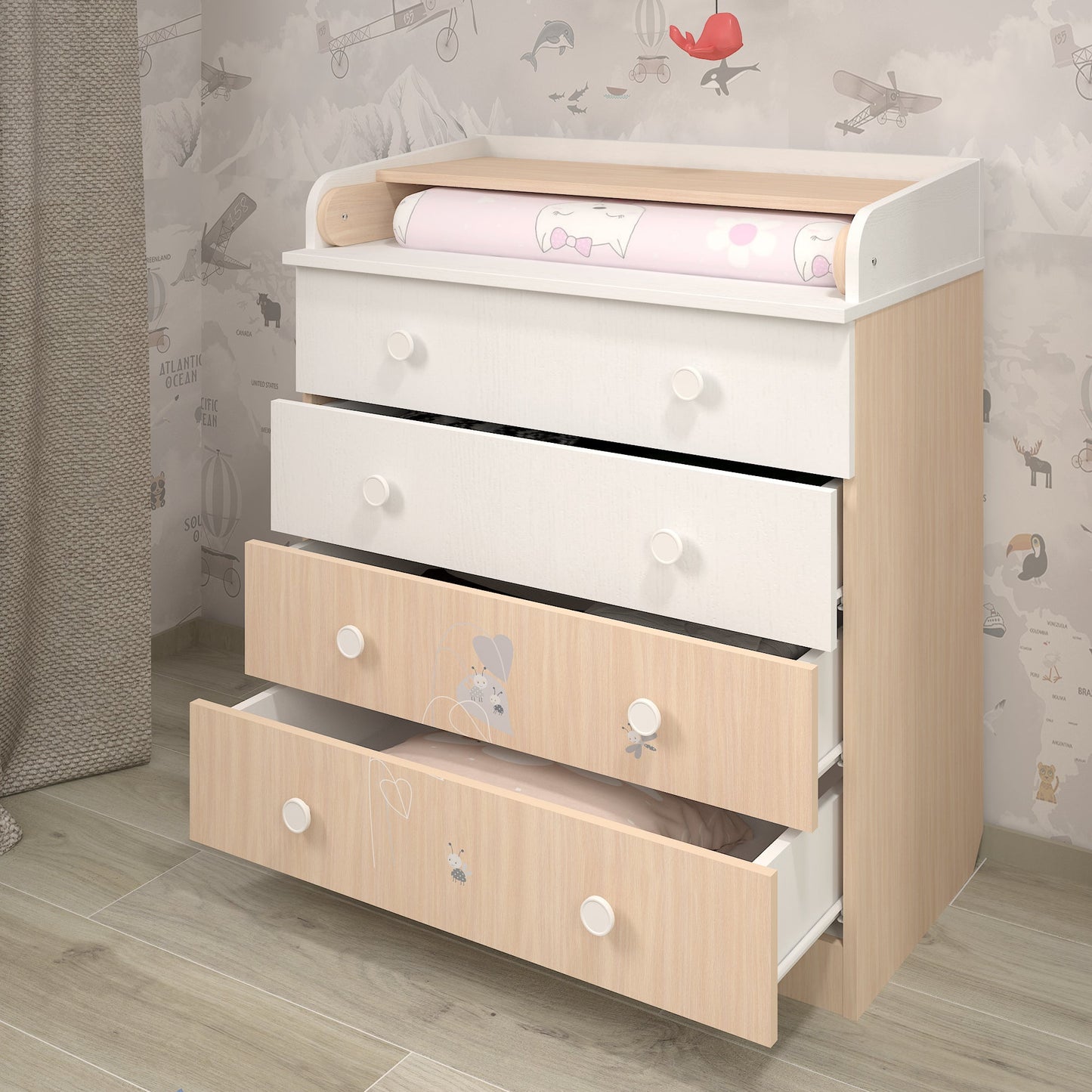 Shefa Kids Changing Dresser 800 French Collection, Amis, white-pastel oak