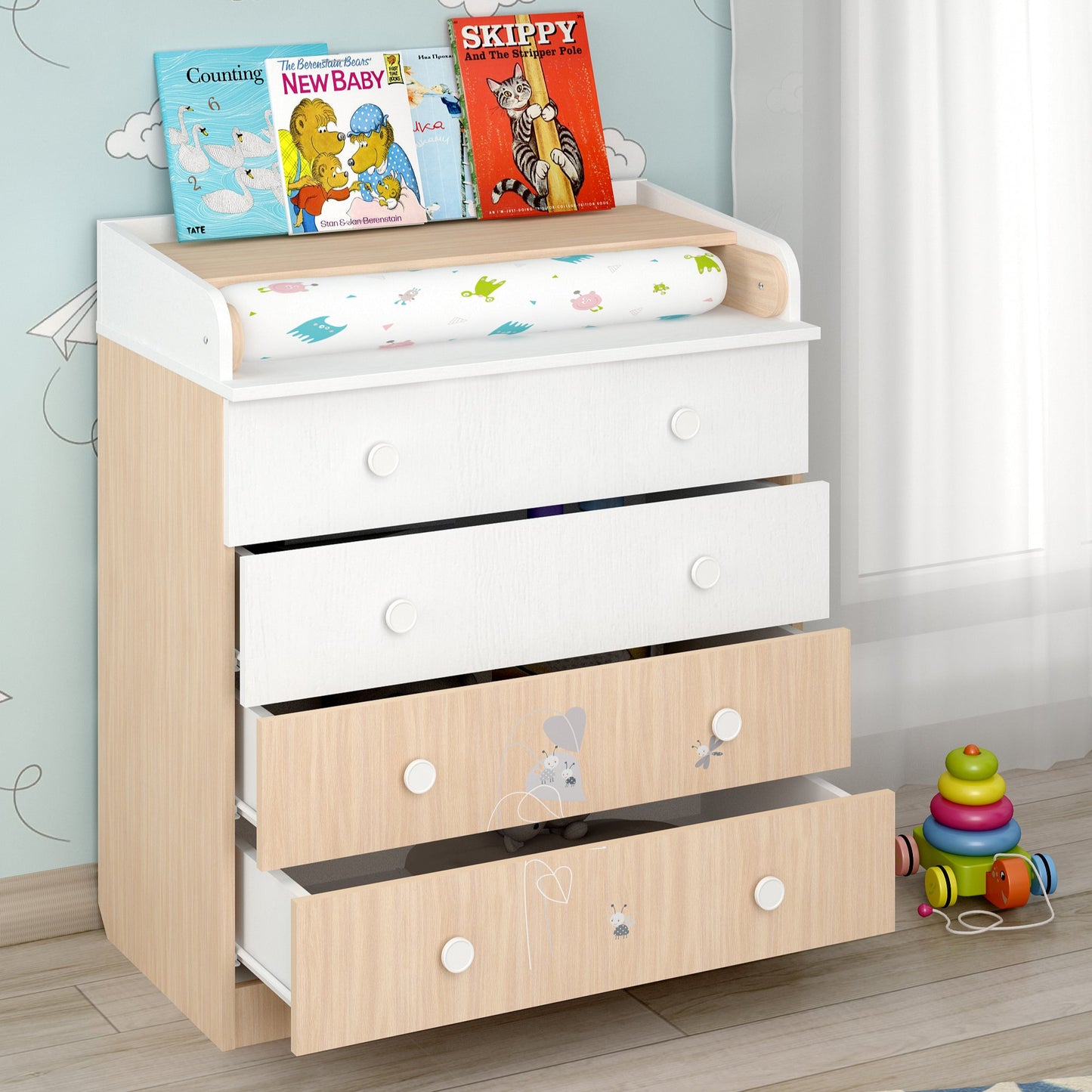 Shefa Kids Changing Dresser 800 French Collection, Amis, white-pastel oak