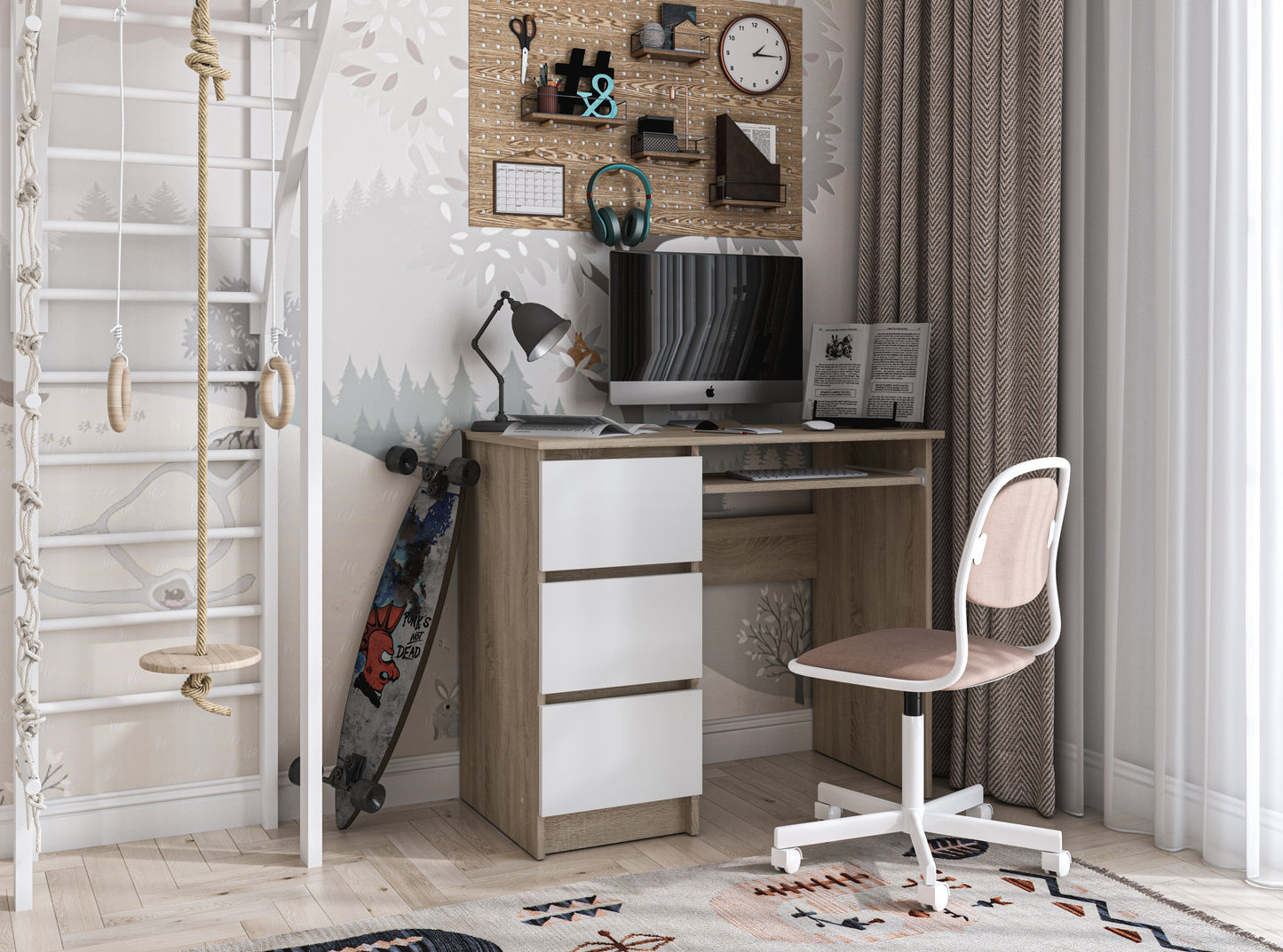 Shefa Line CINA Computer Desk 90x50 cm, Workstation with 3 Drawers, Sonoma oak-white