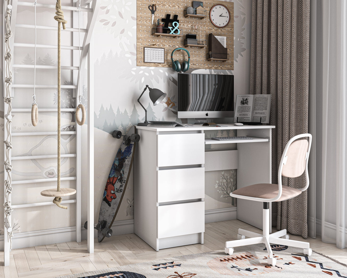 Shefa Line CINA Computer Desk 90x50 cm, Workstation with 3 Drawers, white