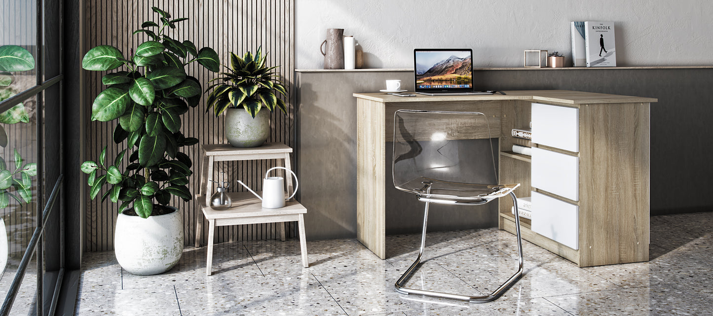 Shefa Line Universal Computer desk 125x85x77 cm, L-shaped Workstation with Storage Cabinet, Sonoma Oak&White Alba