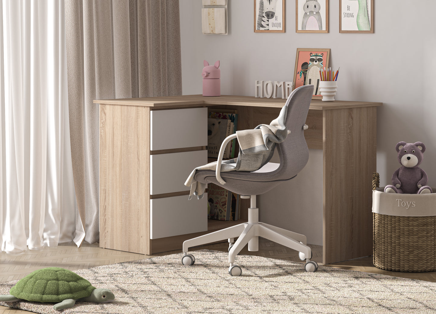Shefa Line Universal Computer desk 125x85x77 cm, L-shaped Workstation with Storage Cabinet, Sonoma Oak&White Alba