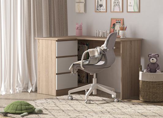 Shefa Line Universal Computer desk 125x85x77 cm, L-shaped Workstation with Storage Cabinet, Sonoma Oak&White Alba