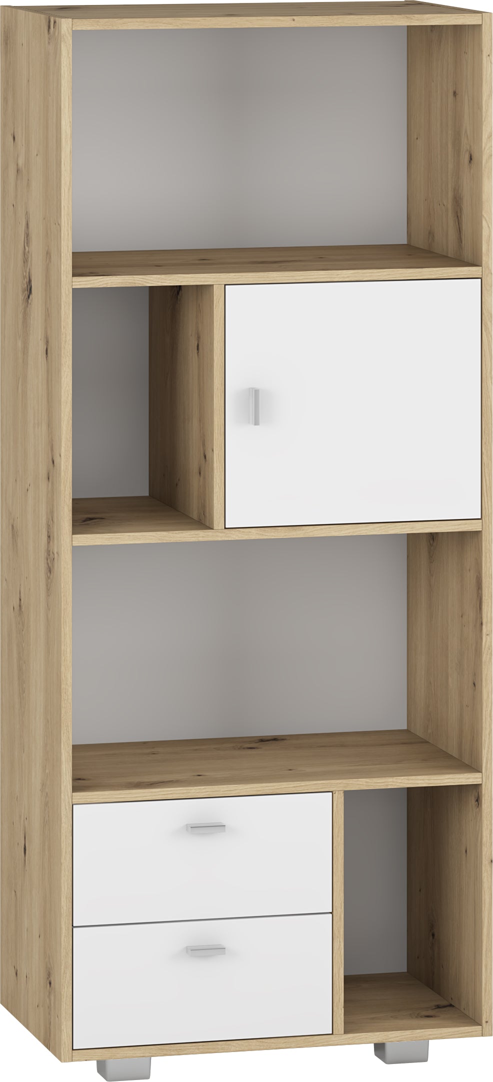 Shefa Line KURT Book case 65x40x150 cm, Storage Cabinet with Shelves, Doors and Drawers, White-Artizan oak