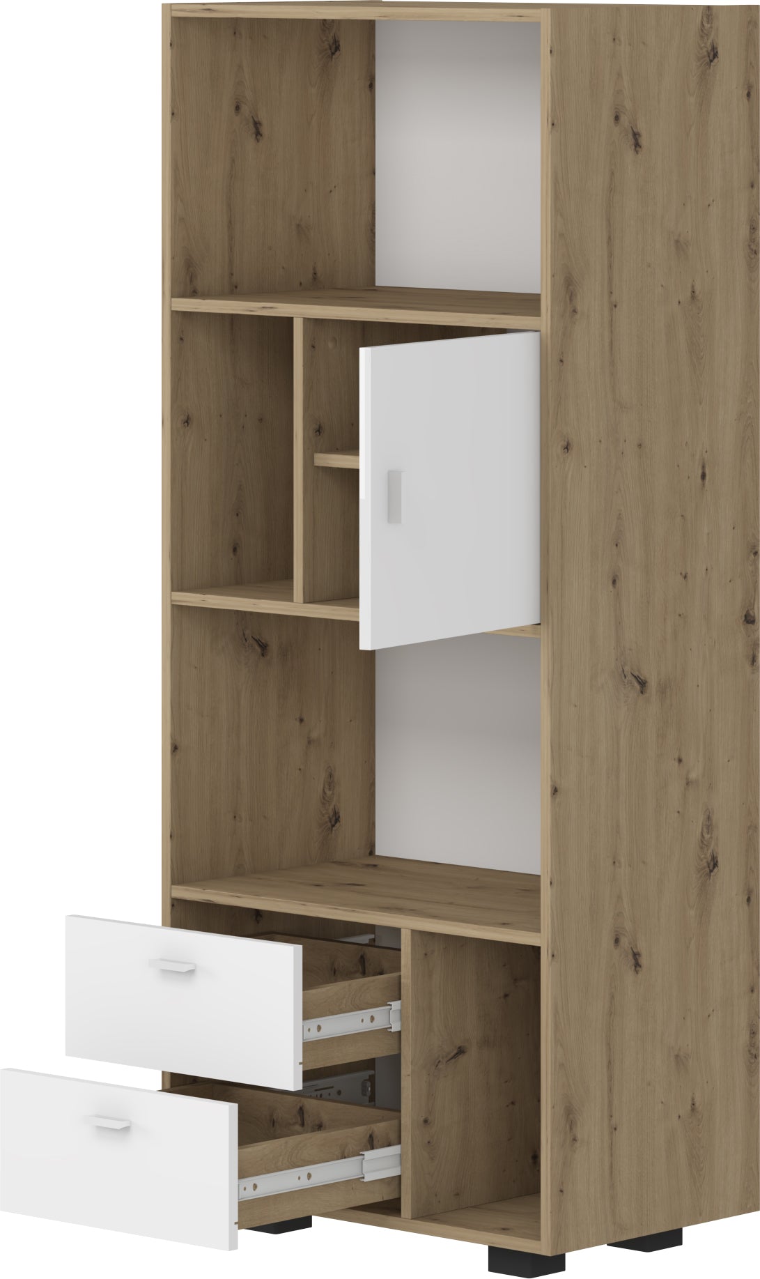 Shefa Line KURT Book case 65x40x150 cm, Storage Cabinet with Shelves, Doors and Drawers, White-Artizan oak