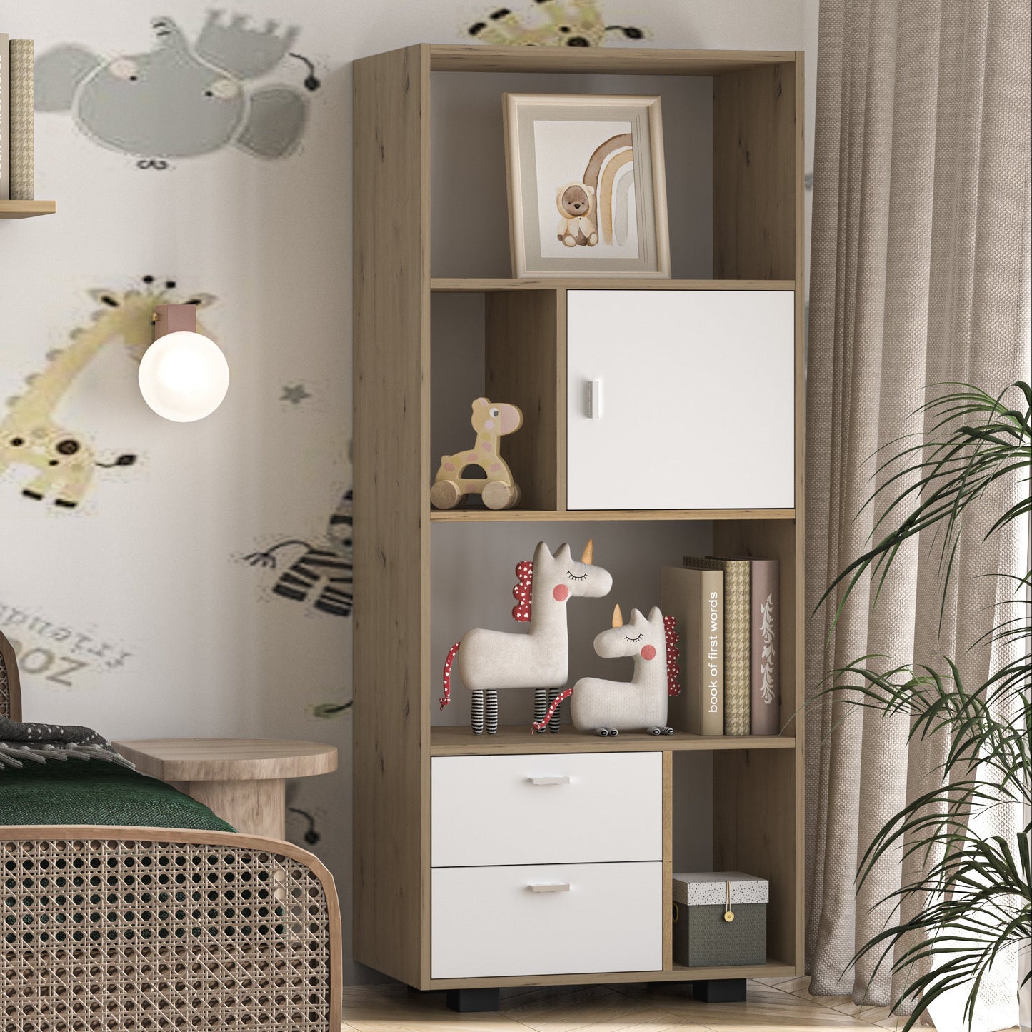Shefa Line KURT Book case 65x40x150 cm, Storage Cabinet with Shelves, Doors and Drawers, White-Artizan oak
