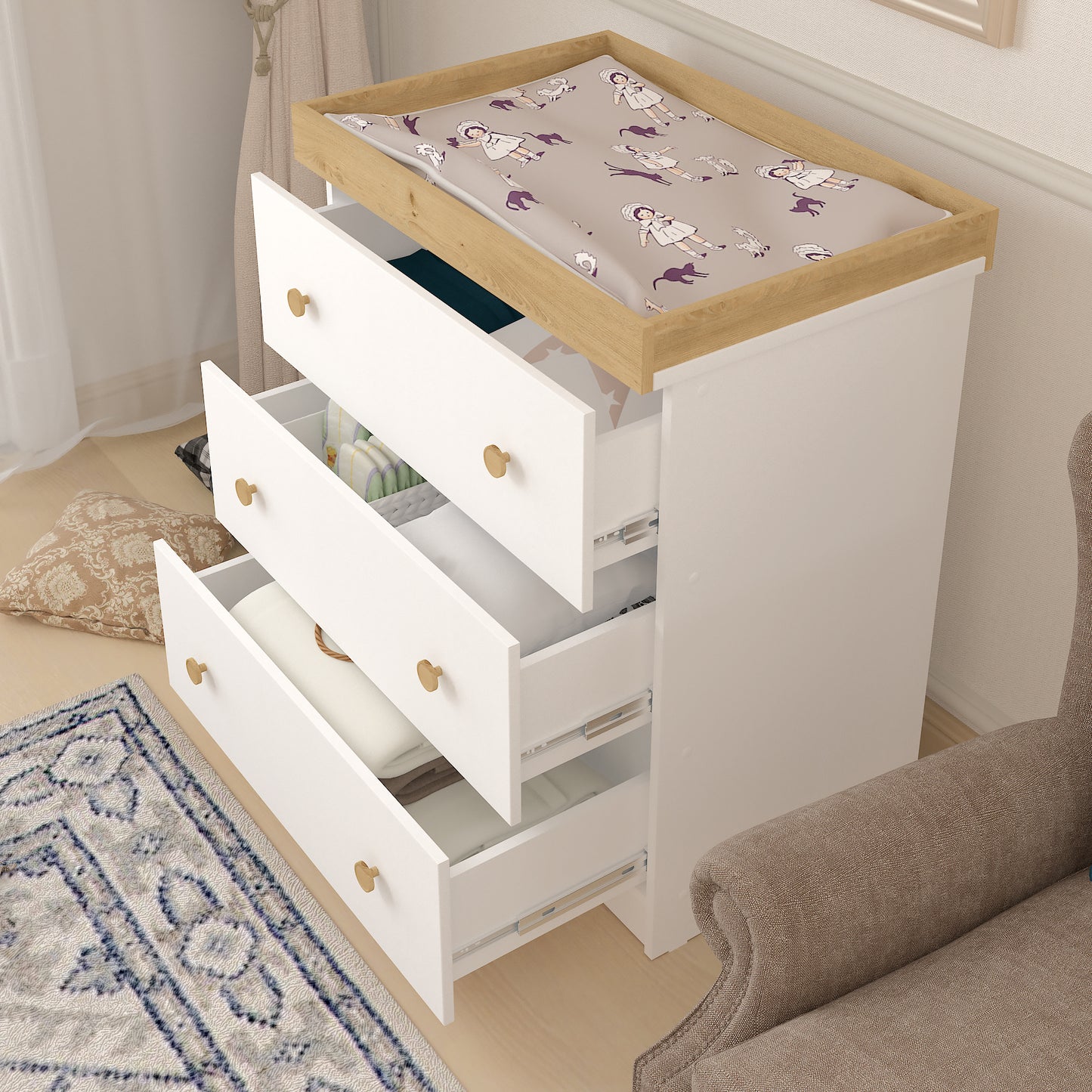 Shefa Kids Changing Dresser Design line 888 White - Oak top