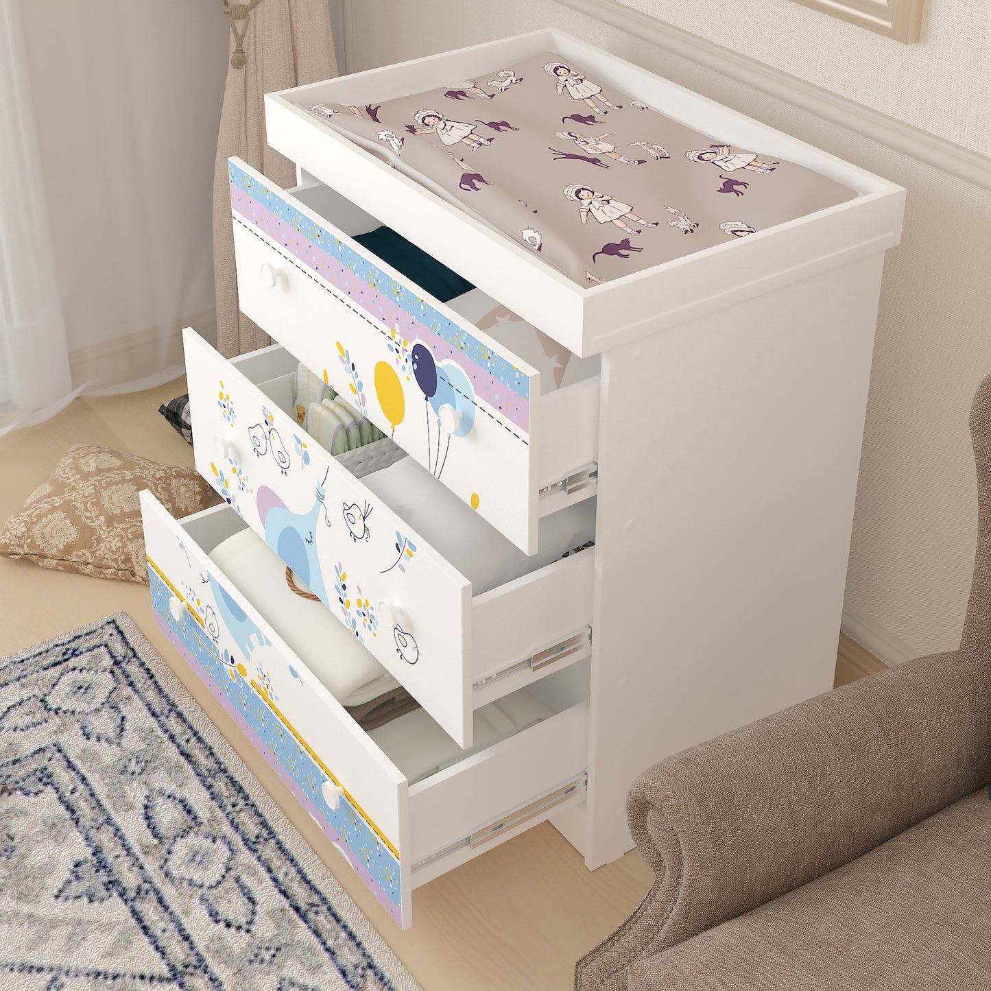 Shefa Kids Changing Dresser Design line 888 white, Elephant with balloon