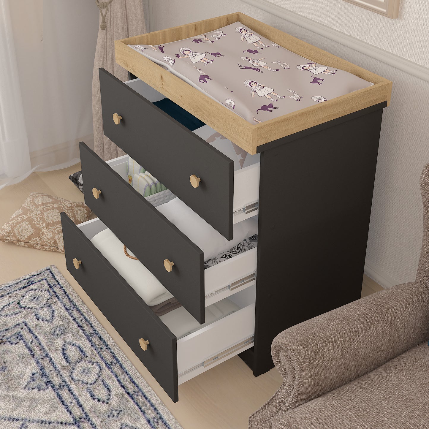 Shefa Kids Changing Dresser Design line 888 Graphite - Cremona Oak