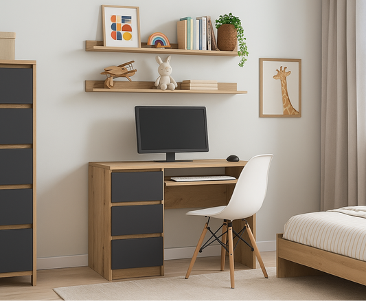 Shefa Line CINA Computer Desk 90x50 cm, Workstation with 3 Drawers, Graphite & Artisan Oak