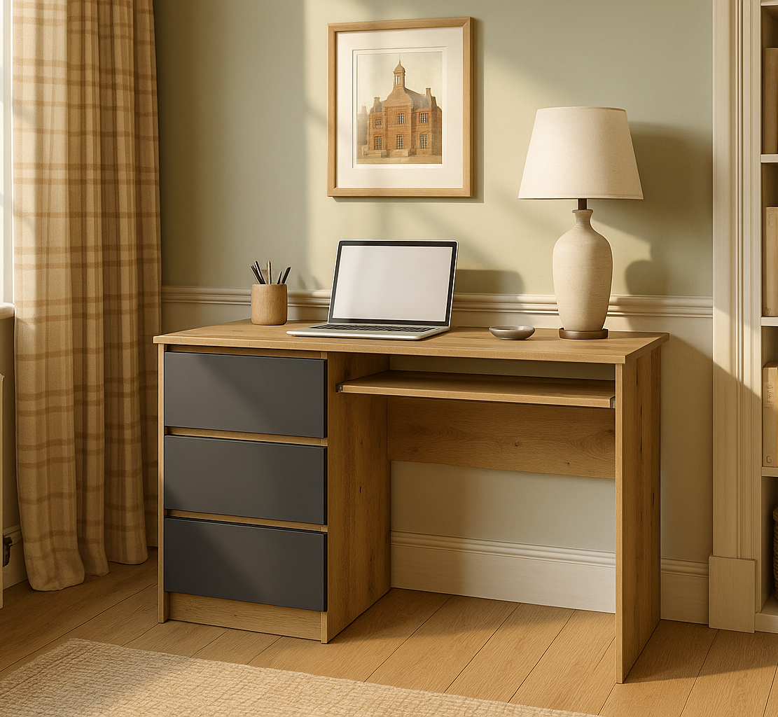 Shefa Line CINA Computer Desk 90x50 cm, Workstation with 3 Drawers, Graphite & Artisan Oak