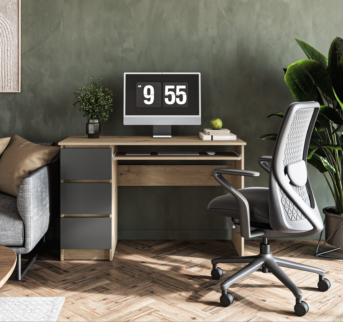 Shefa Line CINA Computer Desk 90x50 cm, Workstation with 3 Drawers, Graphite & Artisan Oak