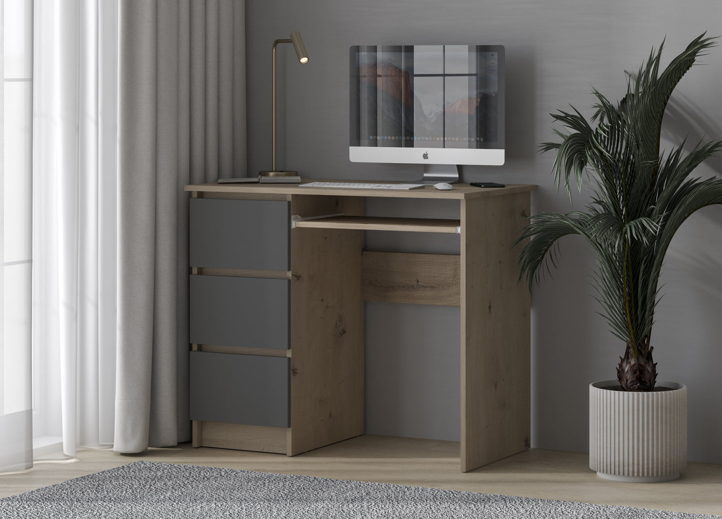 Shefa Line CINA Computer Desk 90x50 cm, Workstation with 3 Drawers, Graphite & Artisan Oak