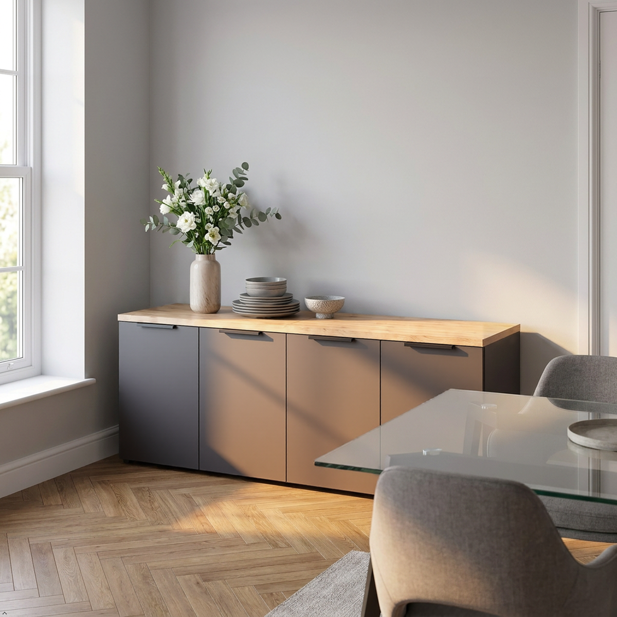 Shefa Line MODU 160cm Wide 4 Door Modular Sideboard Set - Graphite and Oak Top