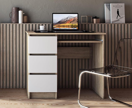 Shefa Line CINA Computer Desk 90x50 cm, Workstation with 3 Drawers, Sonoma oak-white