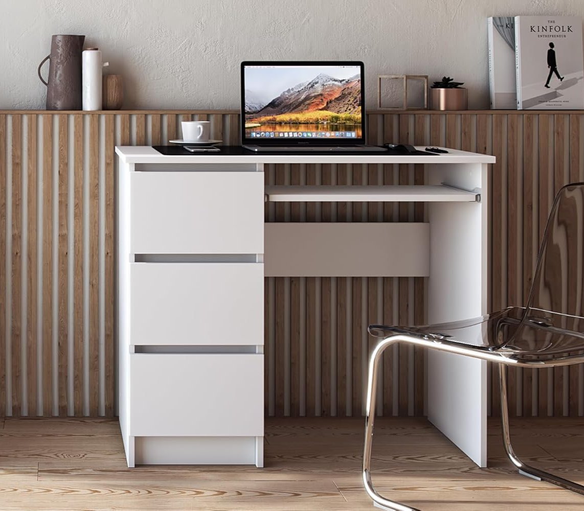 Shefa Line CINA Computer Desk 90x50 cm, Workstation with 3 Drawers, white