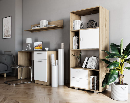 Shefa Line KURT Book case 65x40x150 cm, Storage Cabinet with Shelves, Doors and Drawers, White-Artizan oak