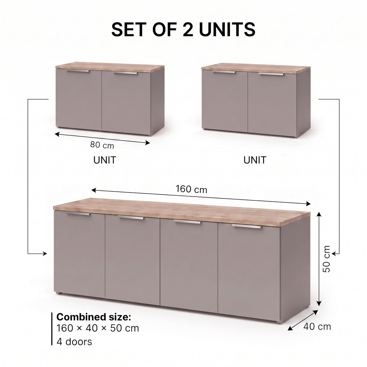 Shefa Line MODU 160cm Wide 4 Door Modular Sideboard Set - Grey and Oak Top