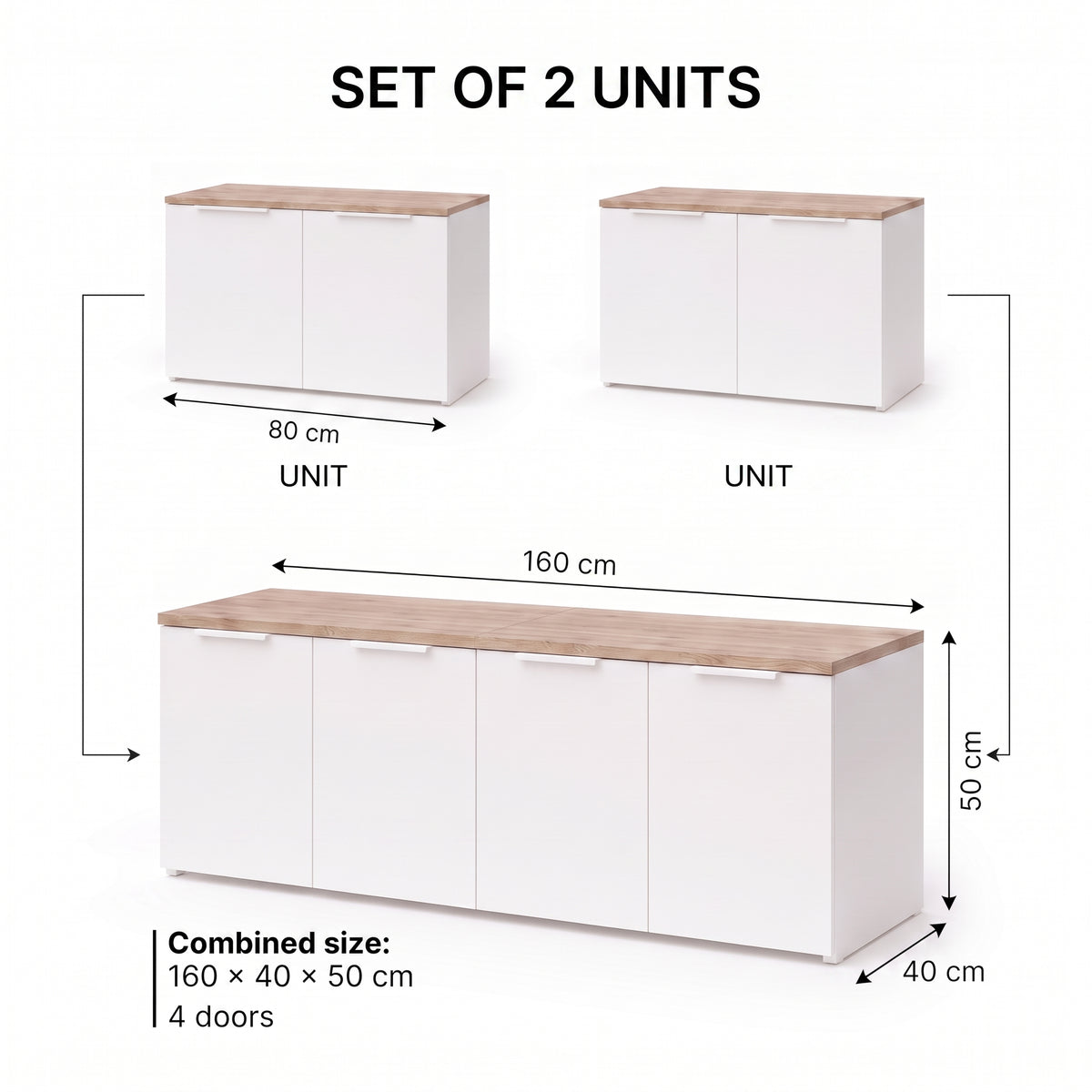 Shefa Line MODU 160cm Wide 4 Door Modular Sideboard Set - White and Oak Top