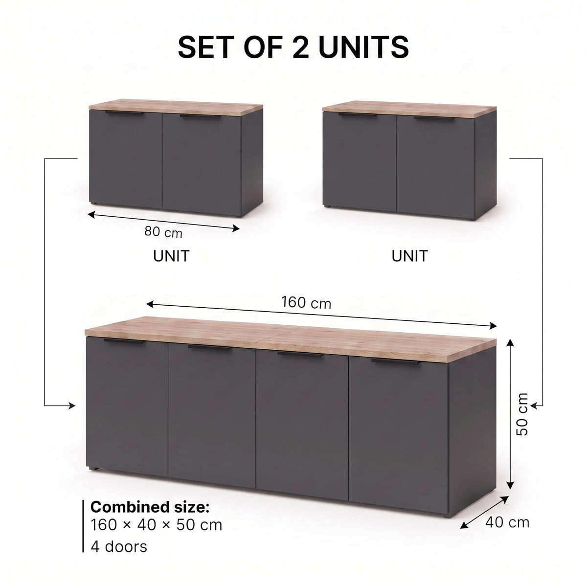 Shefa Line MODU 160cm Wide 4 Door Modular Sideboard Set - Graphite and Oak Top
