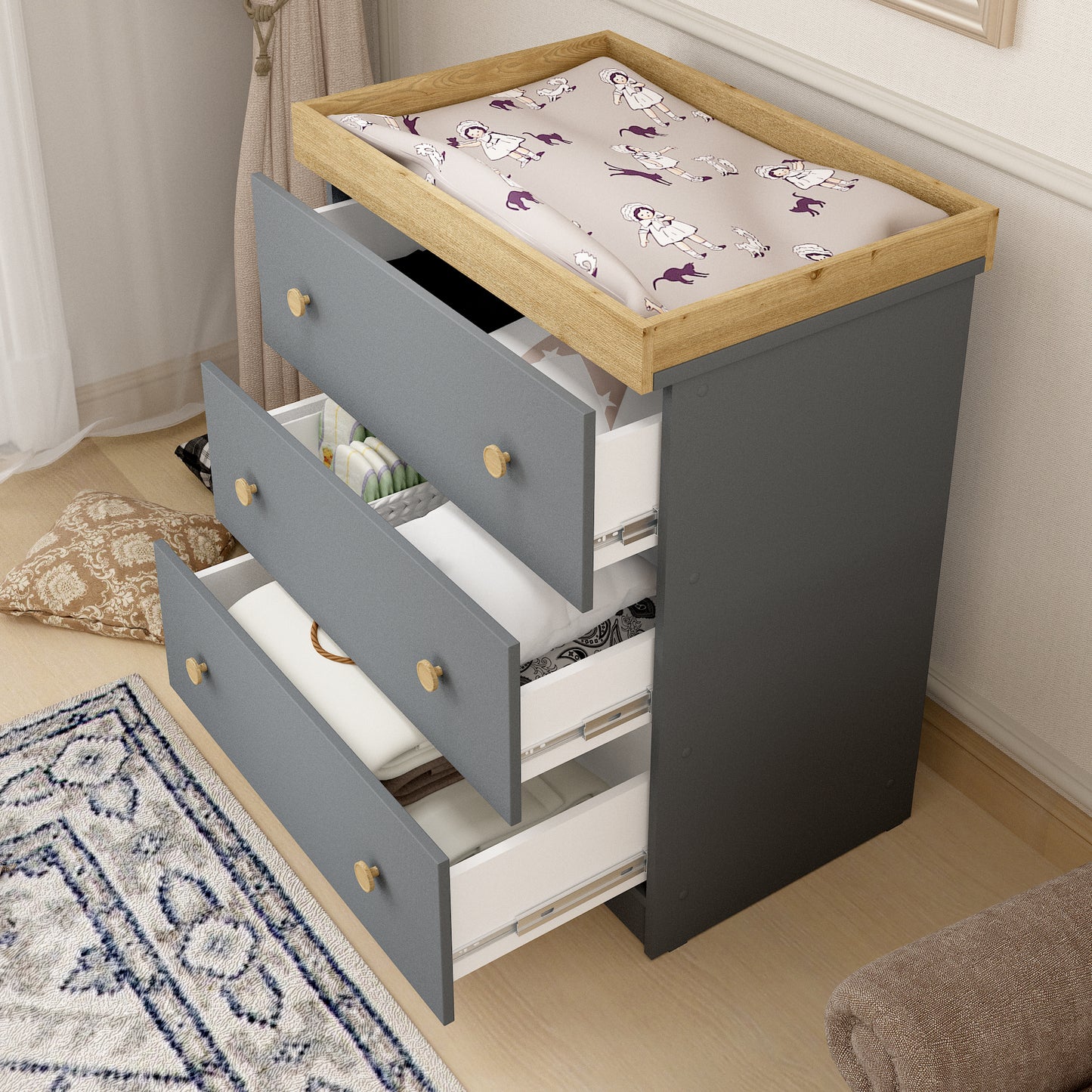 Shefa Kids Changing Dresser Design line 888 Graphite - Cremona Oak