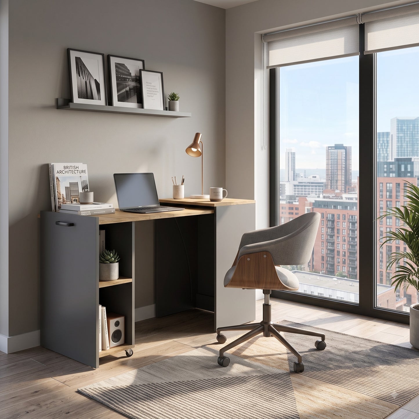 Folding Computer Desk Shefa Line Flexi Graphite & Wotan Oak (folding top and mobile storage unit)