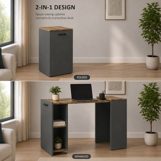 Folding Computer Desk Shefa Line Flexi Graphite & Wotan Oak (folding top and mobile storage unit)