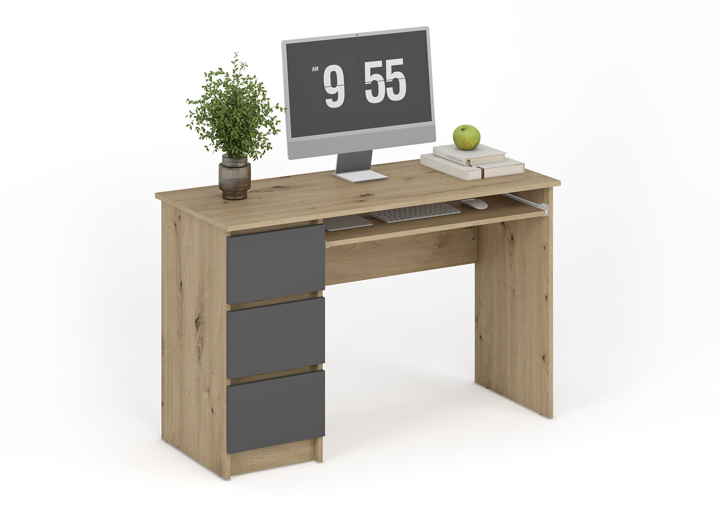 Shefa Line CINA Computer Desk 90x50 cm, Workstation with 3 Drawers, Graphite & Artisan Oak